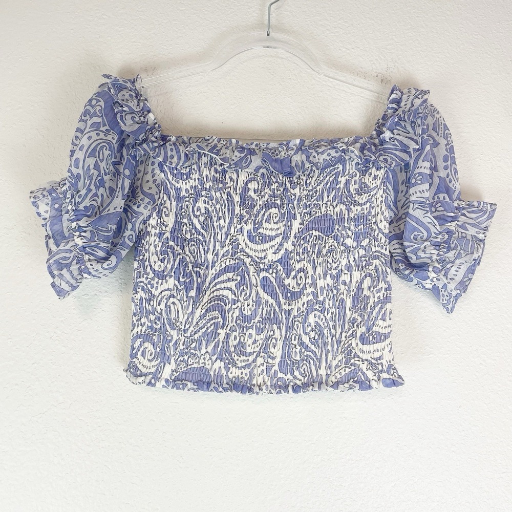 Express Top Womens XS Crop Smocked Puff Sleeves Cottage Milkmaid Coquette Ruffle
